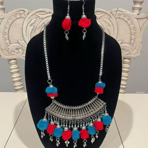 Handmade Oxidized Bollywood Necklace & Earring Set Boho Indian Statement Jewelry - Picture 1 of 12